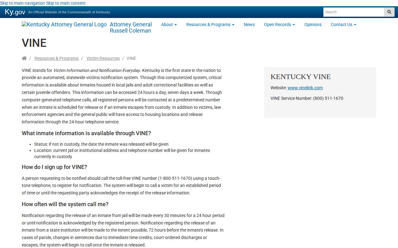 Wayne County 24-hour release verification through Kentucky VINE