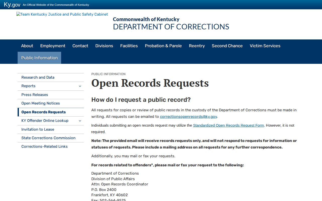 Kentucky DOC records request for a Wayne County 72-hour release